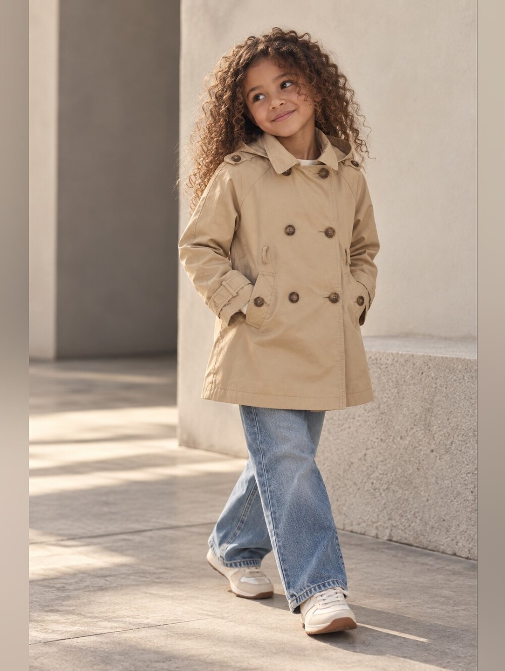 Zara Girls Beige Hooded Trench Coat Double Breasted Jacket Size 7